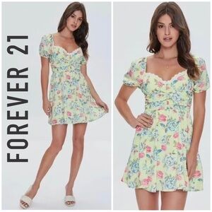 💐 Forever 21, Spring Bouquet Green Floral Mini Dress